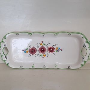 Vtg hand painted Vestal Portugal pottery tray 13X6 floral signed 2 handled